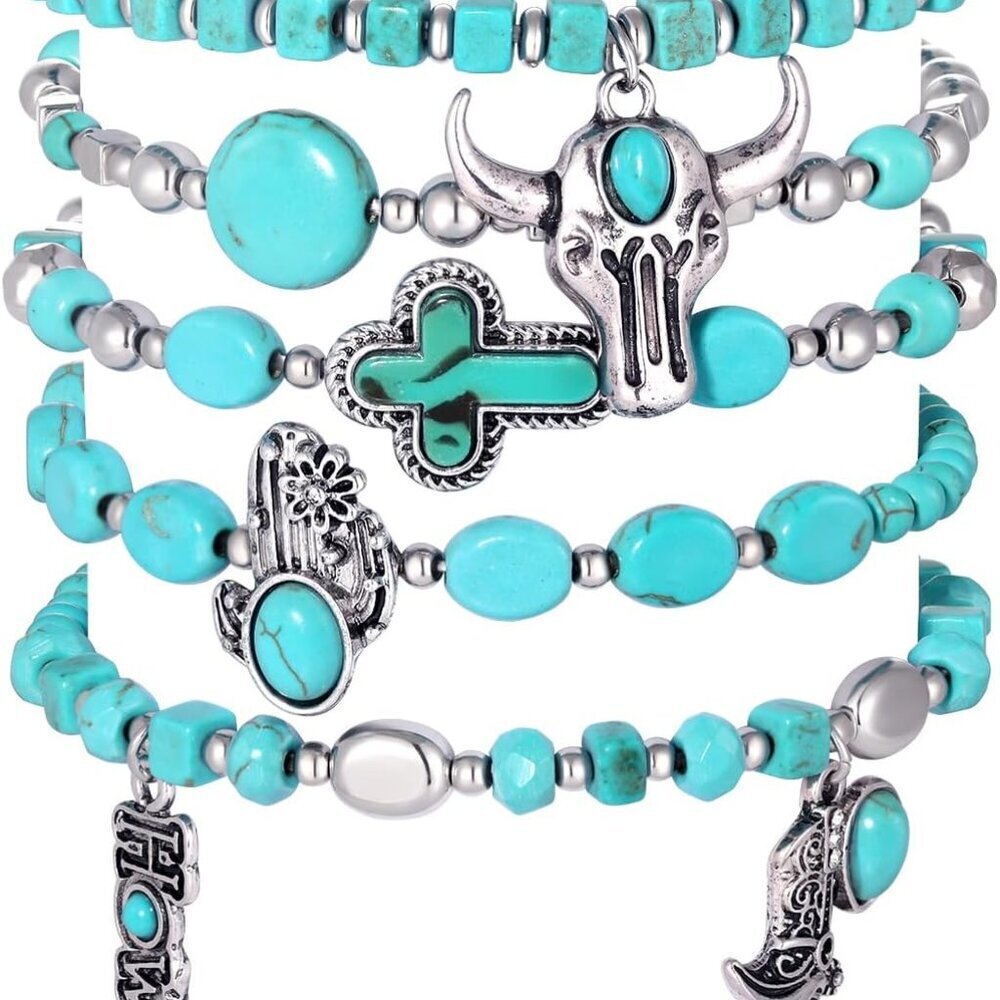 Western Cowgirl Turquoise Beaded Stretch Bracelets Preppy Heishi Bracelets Set A
